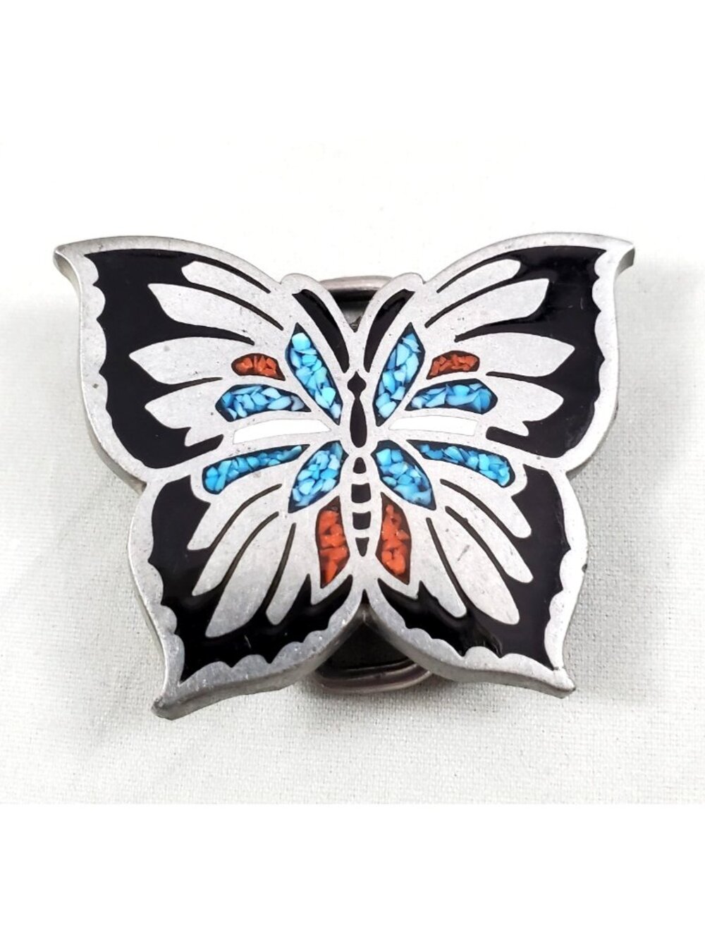 Vintage Pewter? Butterfly Belt Buckle Crushed Turquois Coral Inlay Black Enamel